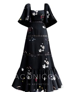 Moonlit Evening Floral Lace Printed Mermaid Dress - Slimming Vintage Black Commuter Style