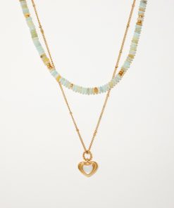 Morandi Mint Green Gold-Plated Natural Stone Pearl Beaded Heart Stacking Necklace - Y2K French Niche Jewelry