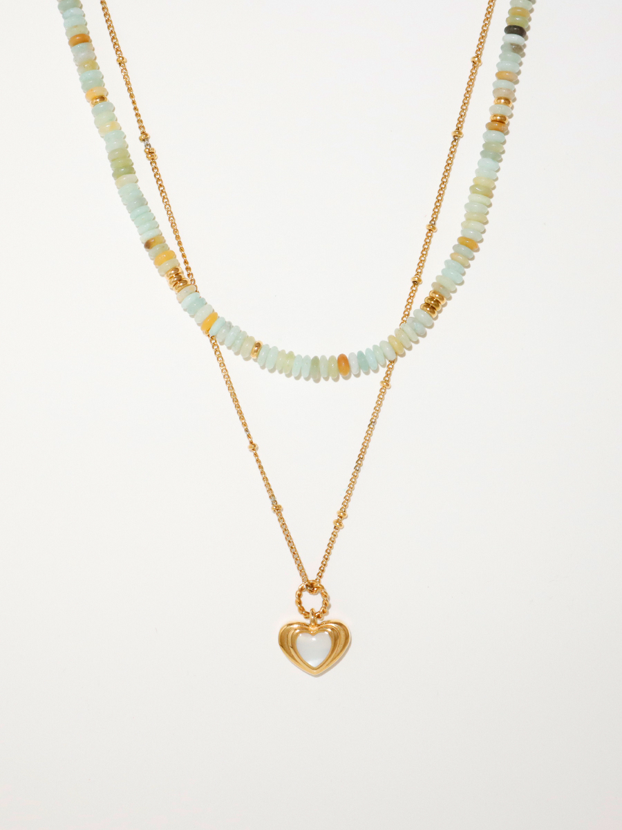 Morandi Mint Green Gold-Plated Natural Stone Pearl Beaded Heart Stacking Necklace - Y2K French Niche Jewelry Morandi Mint Green Gold-Plated Natural Stone Pearl Beaded Heart Stacking Necklace - Y2K French Niche Jewelry