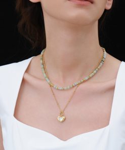 Morandi Mint Green Gold-Plated Natural Stone Pearl Beaded Heart Stacking Necklace - Y2K French Niche Jewelry