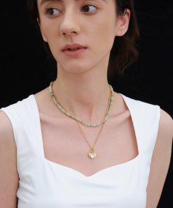 Morandi Mint Green Gold-Plated Natural Stone Pearl Beaded Heart Stacking Necklace - Y2K French Niche Jewelry