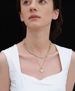 Morandi Mint Green Gold-Plated Natural Stone Pearl Beaded Heart Stacking Necklace - Y2K French Niche Jewelry