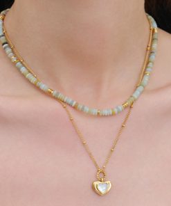 Morandi Mint Green Gold-Plated Natural Stone Pearl Beaded Heart Stacking Necklace - Y2K French Niche Jewelry