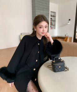 Mrs. Hepburn-Style Black Double-Sided Wool Coat for Women with Fox Fur Trim - 2025 High-End Outerwear