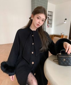 Mrs. Hepburn-Style Black Double-Sided Wool Coat for Women with Fox Fur Trim - 2025 High-End Outerwear
