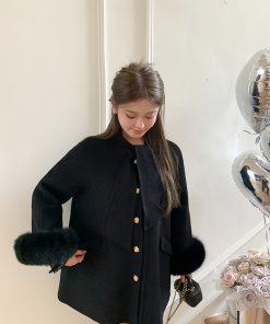 Mrs. Hepburn-Style Black Double-Sided Wool Coat for Women with Fox Fur Trim - 2025 High-End Outerwear