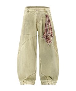 Mud Dyed Yellow Denim Wide-Leg Pants - Vintage American Style Curved Blade Design for 90s and Y2K Fashion Lovers