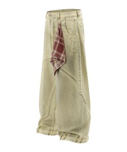 Mud Dyed Yellow Denim Wide-Leg Pants - Vintage American Style Curved Blade Design for 90s and Y2K Fashion Lovers