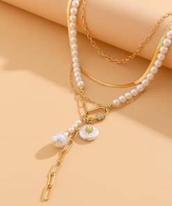 Multi-Layer Baroque Imitation Pearl Necklace with Snake Bone Chain - Layered Sweater Accessory for European and American Fashion