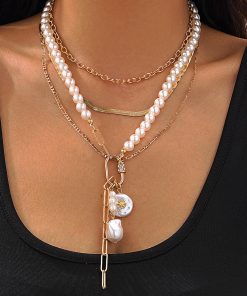 Multi-Layer Baroque Imitation Pearl Necklace with Snake Bone Chain - Layered Sweater Accessory for European and American Fashion