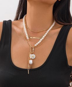 Multi-Layer Baroque Imitation Pearl Necklace with Snake Bone Chain - Layered Sweater Accessory for European and American Fashion