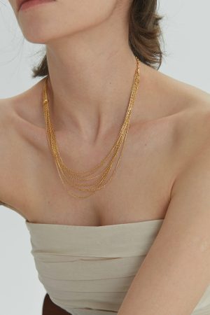 Multi-Layer Chain Choker Necklace - Brass Gold-Plated, European & American Retro Style, High-End Light Luxury Accessory