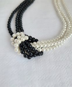 Multi-Layer Pearl Necklace with Black and White Splicing, Knotted Choker, Versatile Neck Chain for Stylish Layering
