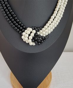 Multi-Layer Pearl Necklace with Black and White Splicing, Knotted Choker, Versatile Neck Chain for Stylish Layering