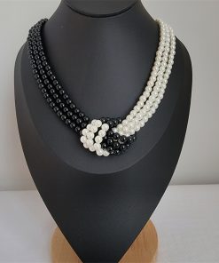 Multi-Layer Pearl Necklace with Black and White Splicing, Knotted Choker, Versatile Neck Chain for Stylish Layering