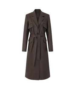 Multi-Pocket Brown Long Leather Coat for Women - Autumn Style, Tie Waist, Slim Fit, Elegant Versatile Overcoat