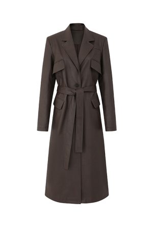 Multi-Pocket Brown Long Leather Coat for Women - Autumn Style, Tie Waist, Slim Fit, Elegant Versatile Overcoat