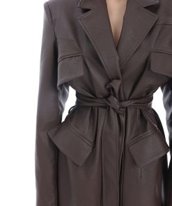 Multi-Pocket Brown Long Leather Coat for Women - Autumn Style, Tie Waist, Slim Fit, Elegant Versatile Overcoat