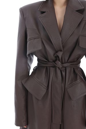 Multi-Pocket Brown Long Leather Coat for Women - Autumn Style, Tie Waist, Slim Fit, Elegant Versatile Overcoat