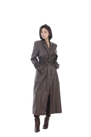 Multi-Pocket Brown Long Leather Coat for Women - Autumn Style, Tie Waist, Slim Fit, Elegant Versatile Overcoat