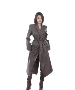 Multi-Pocket Brown Long Leather Coat for Women - Autumn Style, Tie Waist, Slim Fit, Elegant Versatile Overcoat