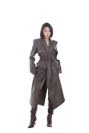 Multi-Pocket Brown Long Leather Coat for Women - Autumn Style, Tie Waist, Slim Fit, Elegant Versatile Overcoat