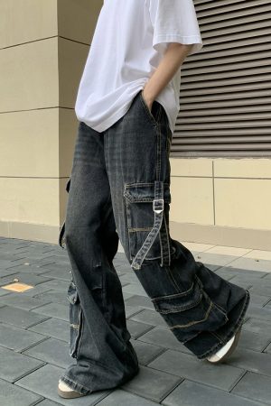Multi-Pocket Denim Pants for Men and Women, Loose Retro Wide-Leg Casual Work Pants, Trendy 90s Style