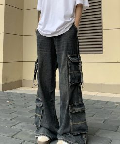 Multi-Pocket Denim Pants for Men and Women, Loose Retro Wide-Leg Casual Work Pants, Trendy 90s Style