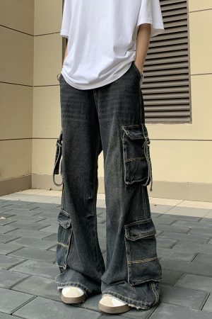 Multi-Pocket Denim Pants for Men and Women, Loose Retro Wide-Leg Casual Work Pants, Trendy 90s Style