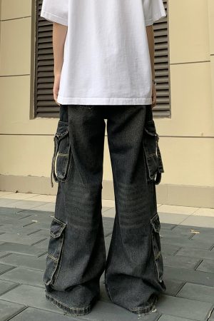 Multi-Pocket Denim Pants for Men and Women, Loose Retro Wide-Leg Casual Work Pants, Trendy 90s Style