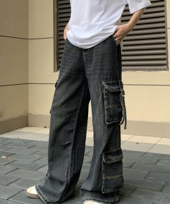 Multi-Pocket Denim Pants for Men and Women, Loose Retro Wide-Leg Casual Work Pants, Trendy 90s Style