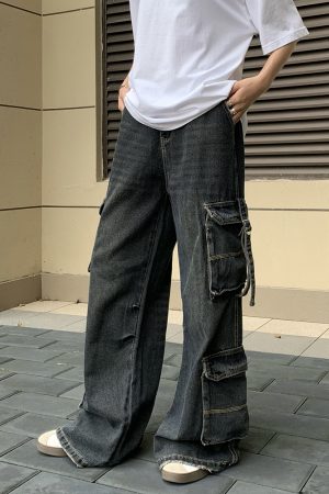Multi-Pocket Denim Pants for Men and Women, Loose Retro Wide-Leg Casual Work Pants, Trendy 90s Style