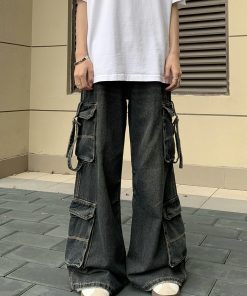 Multi-Pocket Denim Pants for Men and Women, Loose Retro Wide-Leg Casual Work Pants, Trendy 90s Style