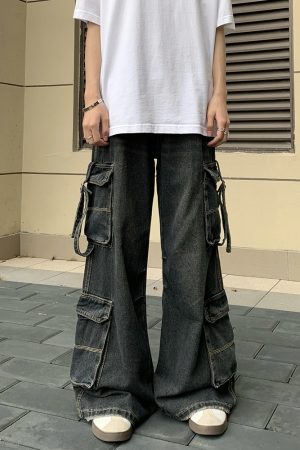 Multi-Pocket Denim Pants for Men and Women, Loose Retro Wide-Leg Casual Work Pants, Trendy 90s Style