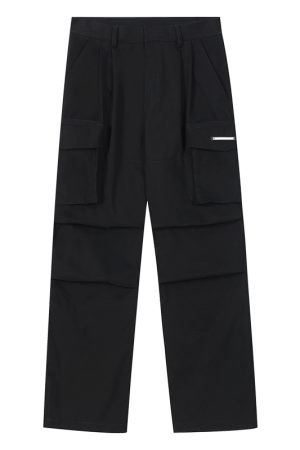 Multi-Pocket Pleated Cargo Pants with Metal Tag - Clean Fit Long Work Pants for Versatile Style and Functionality