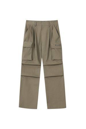 Multi-Pocket Pleated Cargo Pants with Metal Tag - Clean Fit Long Work Pants for Versatile Style and Functionality