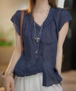 Mushroom Ear Edge Ramie V-Neck Pleated Shirt for Women - 2025 Summer Slim-Fit Versatile Top, Stylish Age-Reducing Fashion