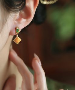 Natural Beeswax Pure Silver Diamond-Shaped Earrings with Jade Inlay and Gold, Chinese Style Metaphysical Wealth-Enhancing Ear Pendants