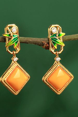 Natural Beeswax Pure Silver Diamond-Shaped Earrings with Jade Inlay and Gold, Chinese Style Metaphysical Wealth-Enhancing Ear Pendants