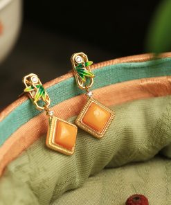 Natural Beeswax Pure Silver Diamond-Shaped Earrings with Jade Inlay and Gold, Chinese Style Metaphysical Wealth-Enhancing Ear Pendants