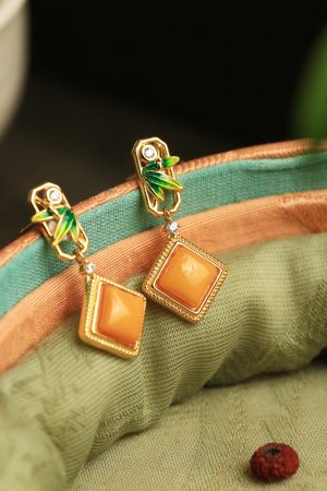 Natural Beeswax Pure Silver Diamond-Shaped Earrings with Jade Inlay and Gold, Chinese Style Metaphysical Wealth-Enhancing Ear Pendants
