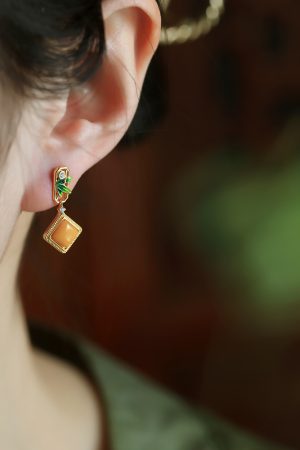 Natural Beeswax Pure Silver Diamond-Shaped Earrings with Jade Inlay and Gold, Chinese Style Metaphysical Wealth-Enhancing Ear Pendants