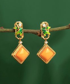 Natural Beeswax Pure Silver Diamond-Shaped Earrings with Jade Inlay and Gold, Chinese Style Metaphysical Wealth-Enhancing Ear Pendants