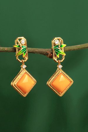 Natural Beeswax Pure Silver Diamond-Shaped Earrings with Jade Inlay and Gold, Chinese Style Metaphysical Wealth-Enhancing Ear Pendants