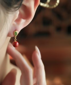 Natural Cinnabar & Hetian Jade Water Drop Earrings for Women - Retro Light Luxury National Style Ear Pendants & Studs