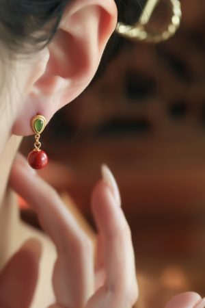 Natural Cinnabar & Hetian Jade Water Drop Earrings for Women - Retro Light Luxury National Style Ear Pendants & Studs