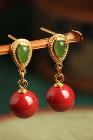Natural Cinnabar & Hetian Jade Water Drop Earrings for Women - Retro Light Luxury National Style Ear Pendants & Studs