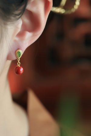 Natural Cinnabar & Hetian Jade Water Drop Earrings for Women - Retro Light Luxury National Style Ear Pendants & Studs