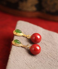 Natural Cinnabar & Hetian Jade Water Drop Earrings for Women - Retro Light Luxury National Style Ear Pendants & Studs