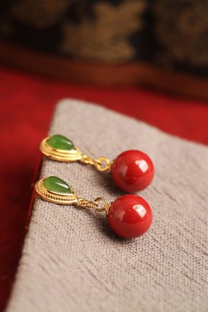 Natural Cinnabar & Hetian Jade Water Drop Earrings for Women - Retro Light Luxury National Style Ear Pendants & Studs